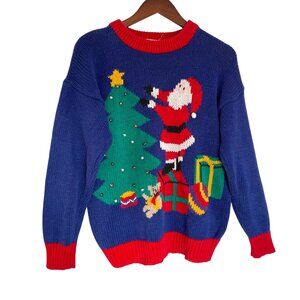 Vintage 80s De Rotchild Ugly Christmas Sweater Small Blue Santa Decorating Tree